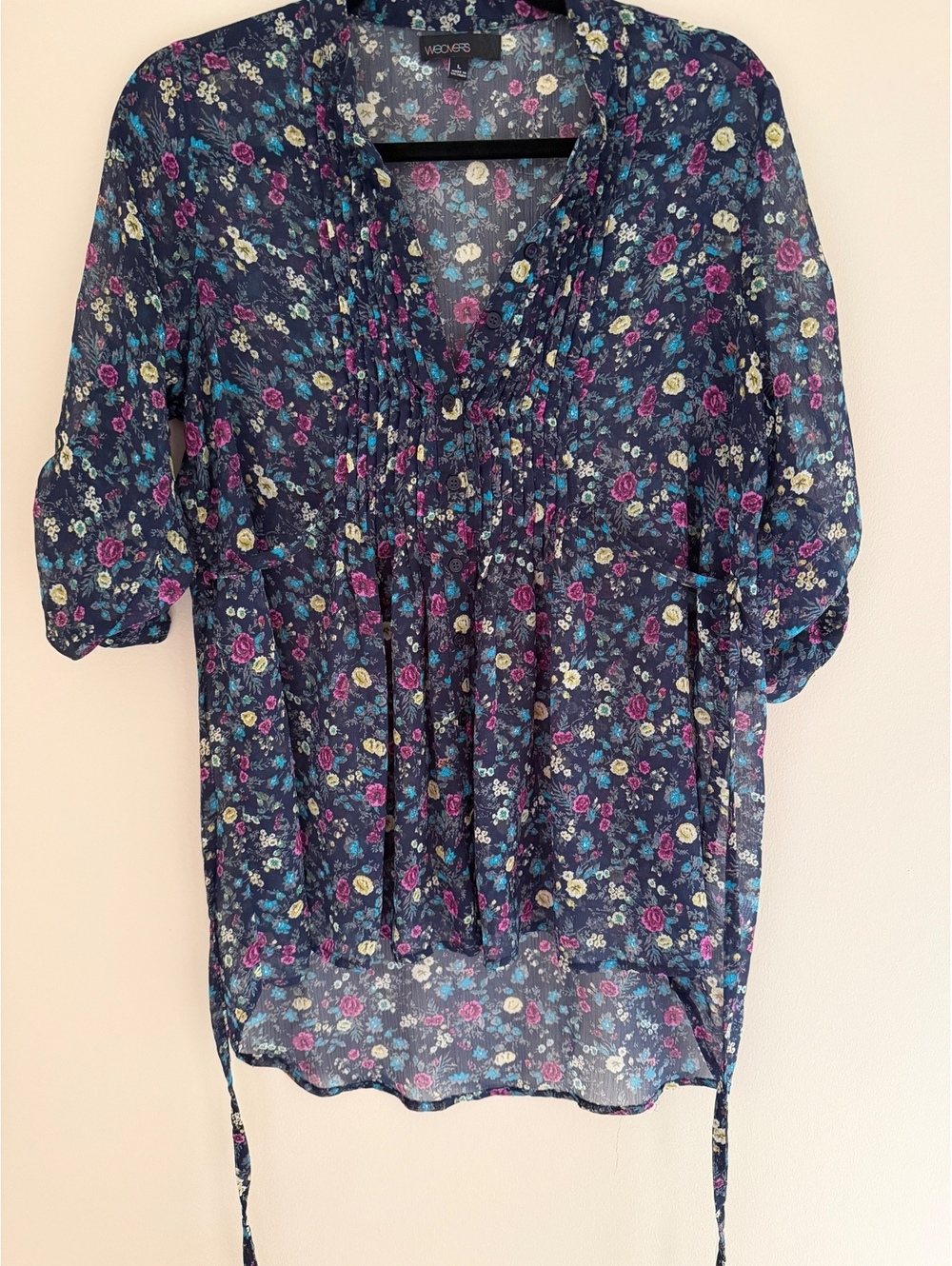 L Weavers semi-sheer pleated button-down blouse